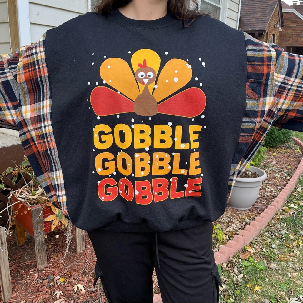 Upcycled handmade flannel sweatshirt size 2XL Thanksgiving Turkey “gobble”